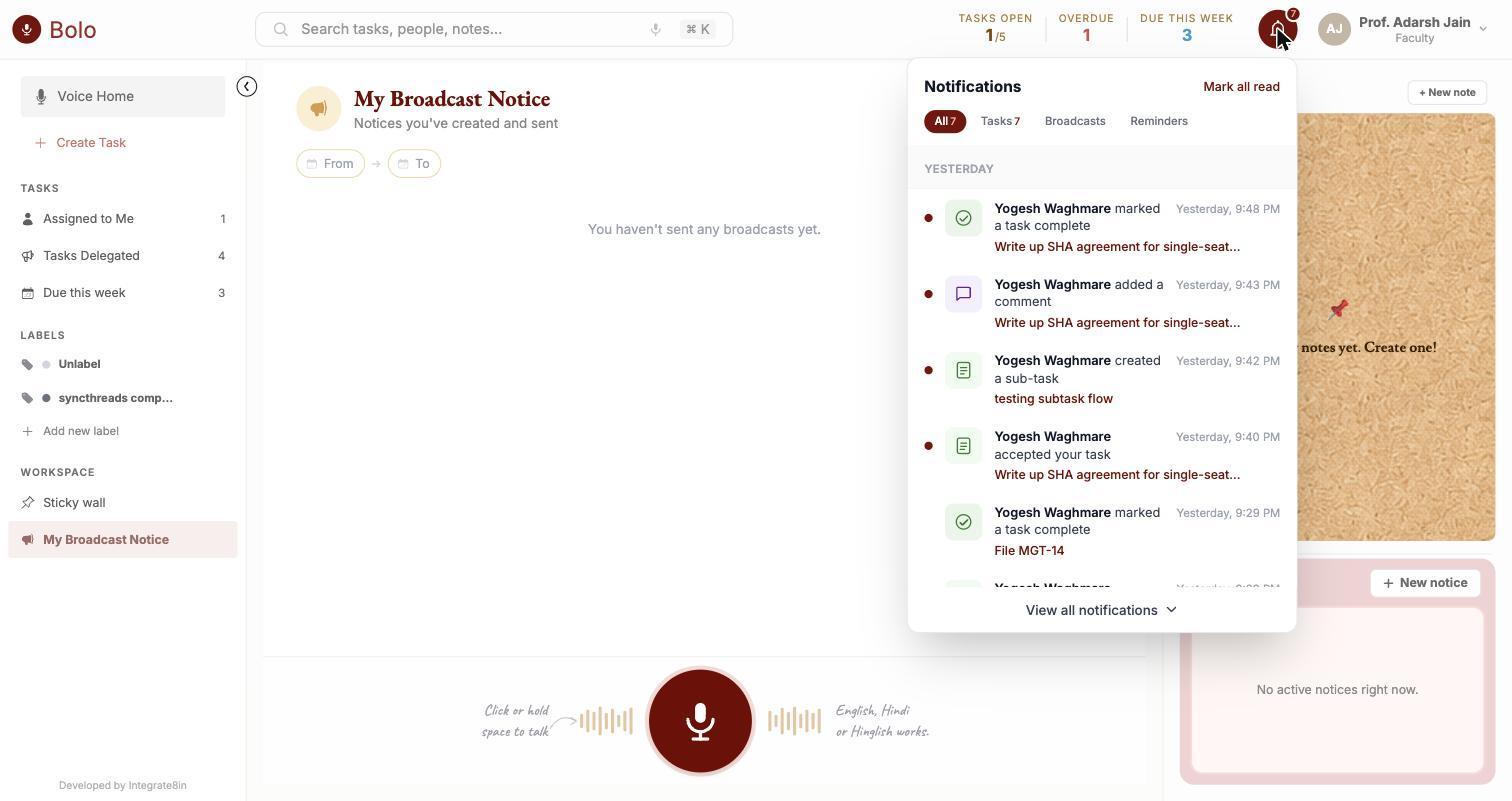 BOLO Notifications screen