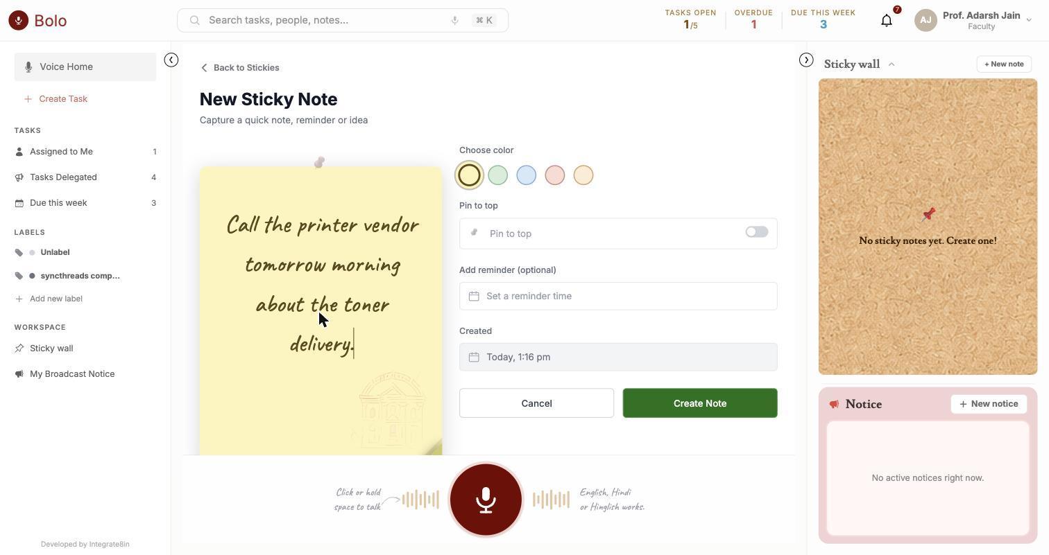 BOLO Sticky notes screen